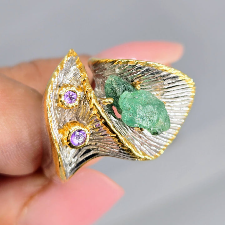 "Kryptonite!" Sz 8 Ring - Raw Emerald, Amethyst, Anti-tarnish Sterling, 18k Accents