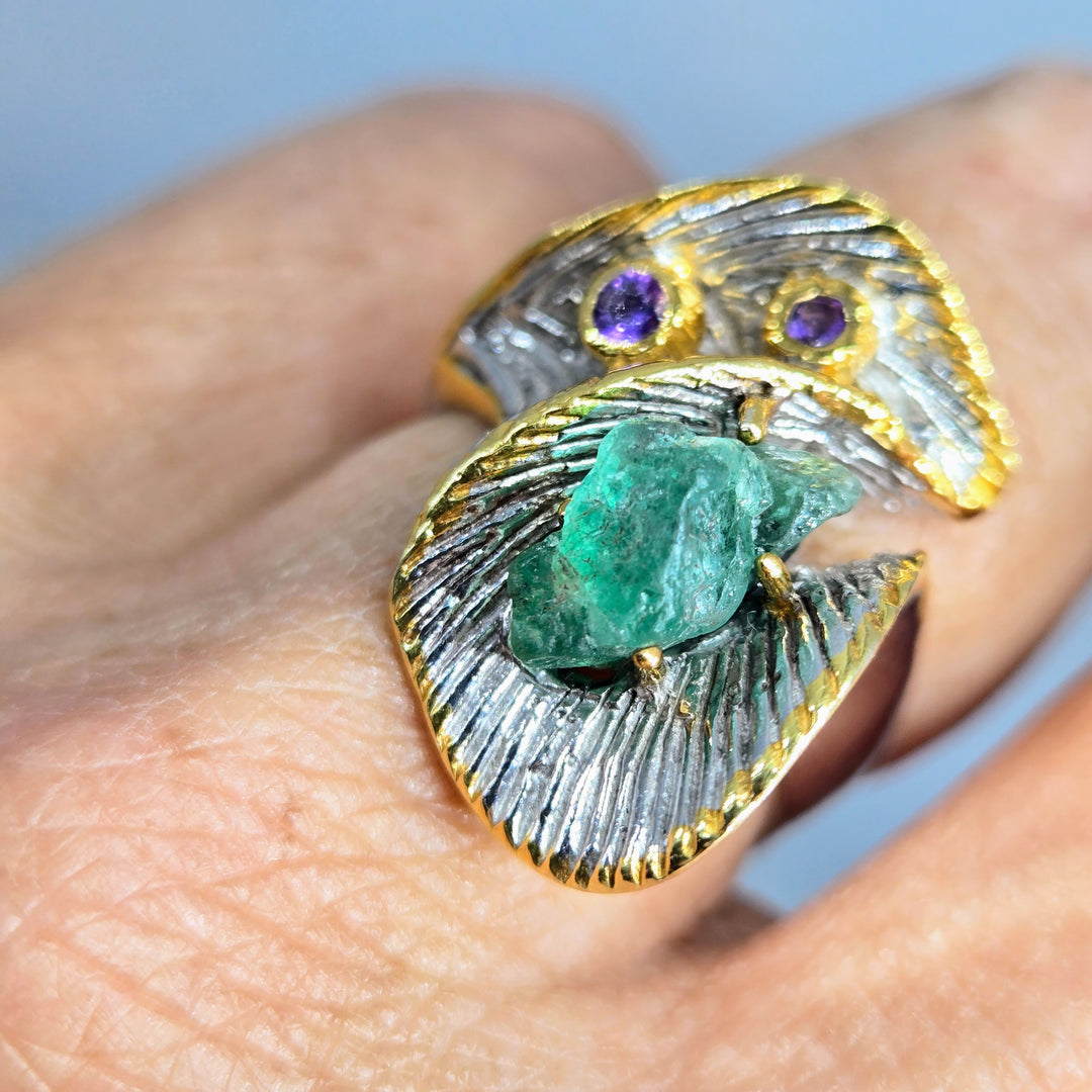 "Kryptonite!" Sz 8 Ring - Raw Emerald, Amethyst, Anti-tarnish Sterling, 18k Accents