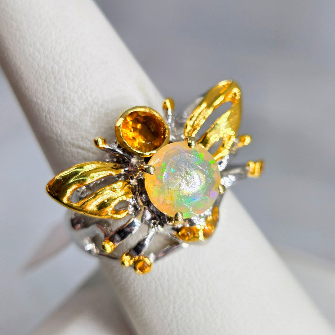 "Honey Bee, Mine!" Sz 8.25 Ring - Opal, Citrine, Anti-tarnish Sterling, 18k Accents