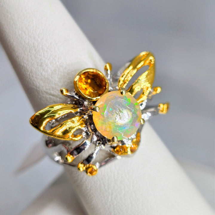 "Honey Bee, Mine!" Sz 8.25 Ring - Opal, Citrine, Anti-tarnish Sterling, 18k Accents