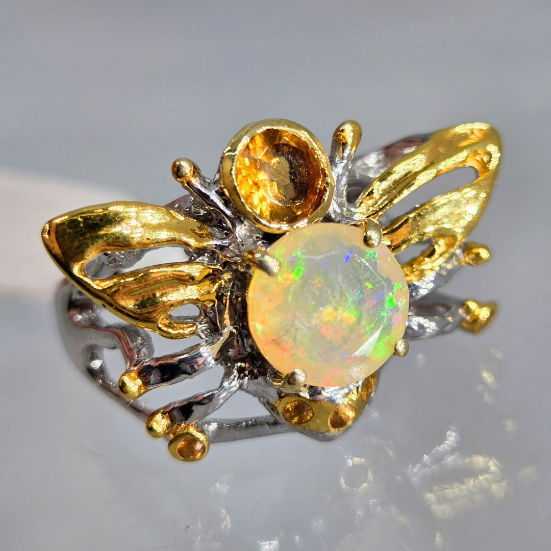"Honey Bee, Mine!" Sz 8.25 Ring - Opal, Citrine, Anti-tarnish Sterling, 18k Accents