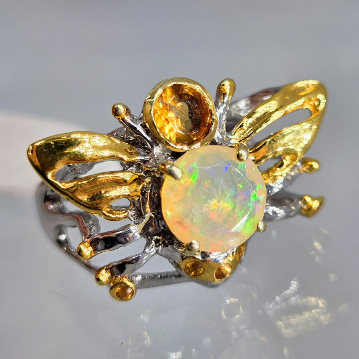 "Honey Bee, Mine!" Sz 8.25 Ring - Opal, Citrine, Anti-tarnish Sterling, 18k Accents