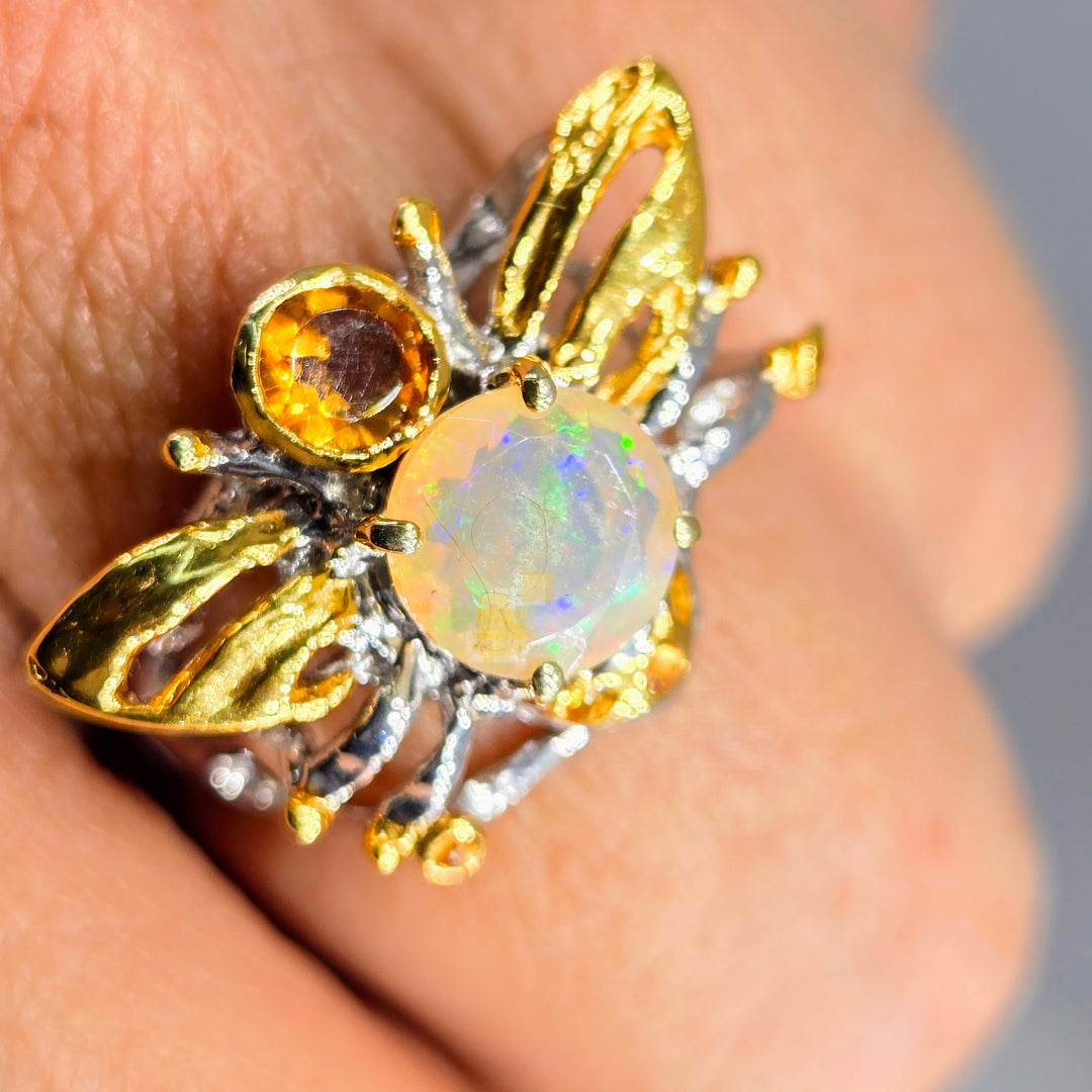 "Honey Bee, Mine!" Sz 8.25 Ring - Opal, Citrine, Anti-tarnish Sterling, 18k Accents