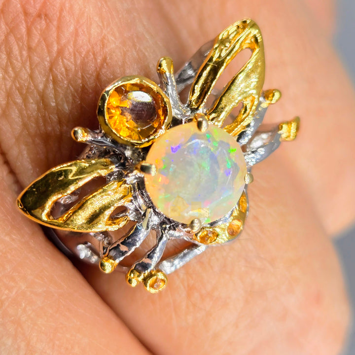 "Honey Bee, Mine!" Sz 8.25 Ring - Opal, Citrine, Anti-tarnish Sterling, 18k Accents