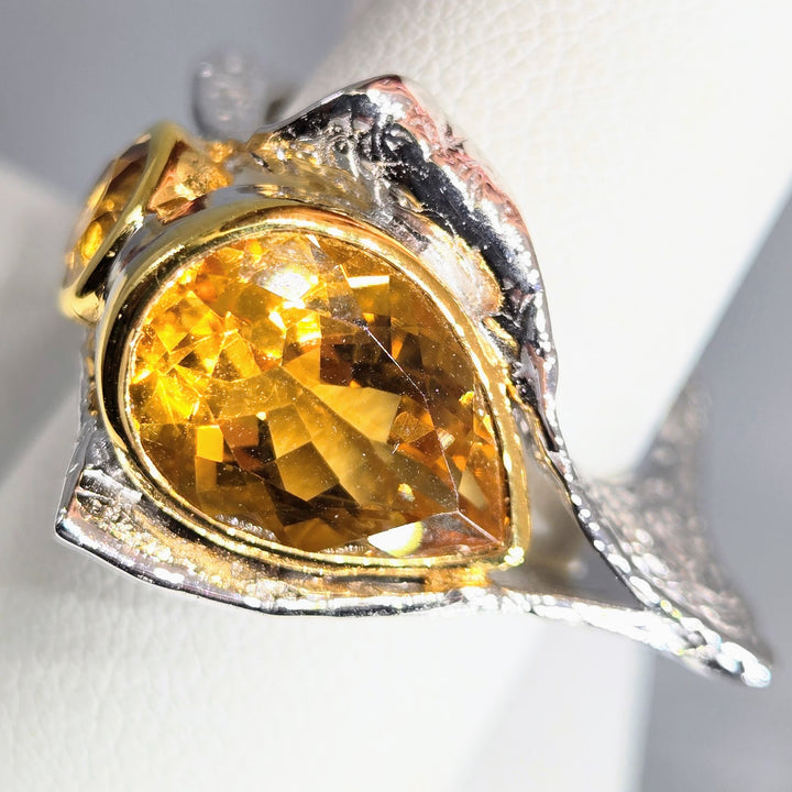 "Hot Honey in an El Camino!" Sz 9 Ring - Citrine, Anti-tarnish Sterling, 18k Accents
