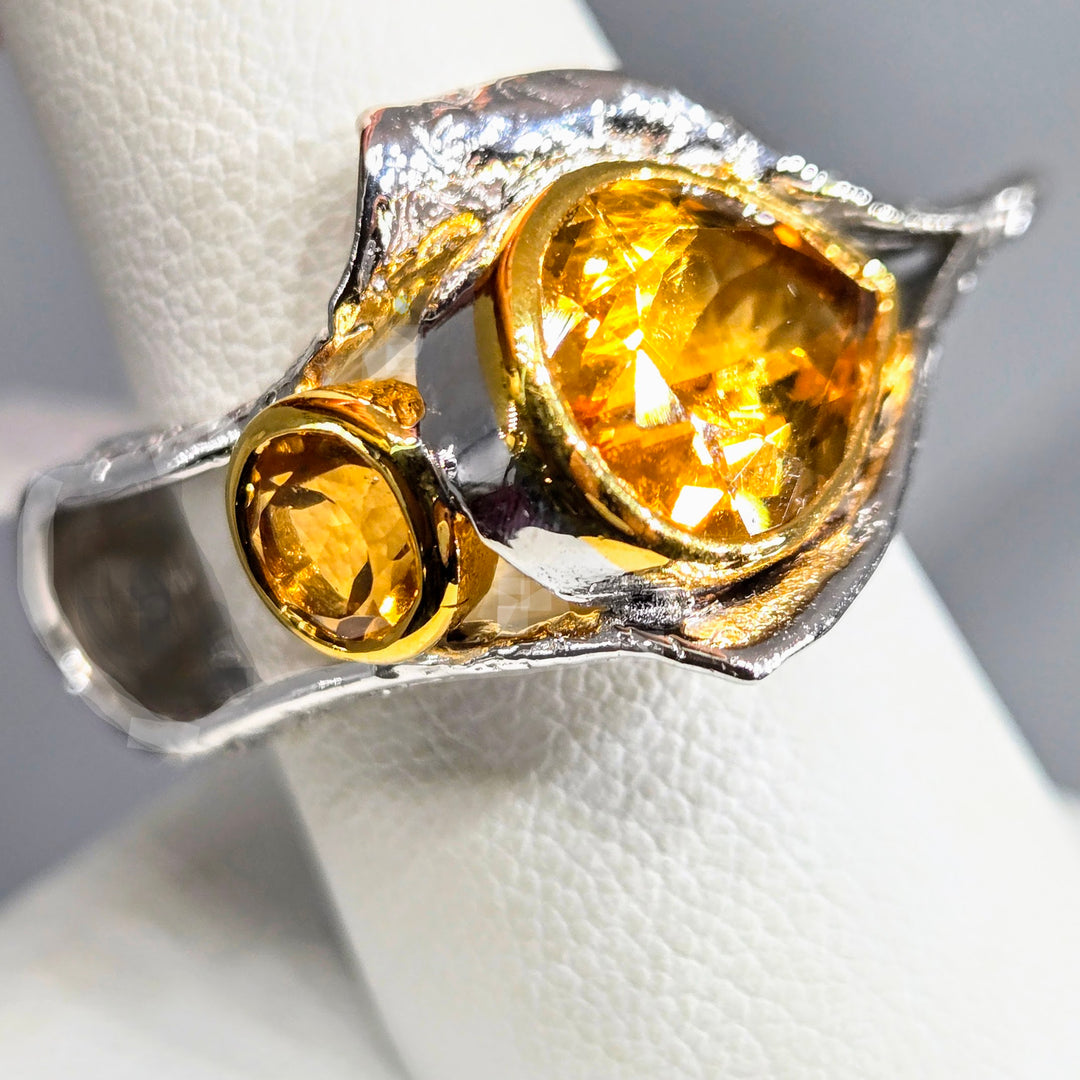 "Hot Honey in an El Camino!" Sz 9 Ring - Citrine, Anti-tarnish Sterling, 18k Accents