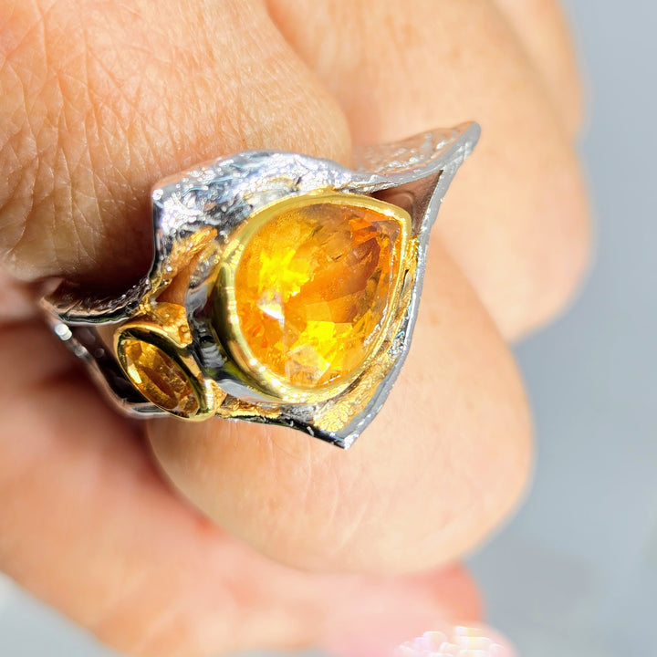 "Hot Honey in an El Camino!" Sz 9 Ring - Citrine, Anti-tarnish Sterling, 18k Accents