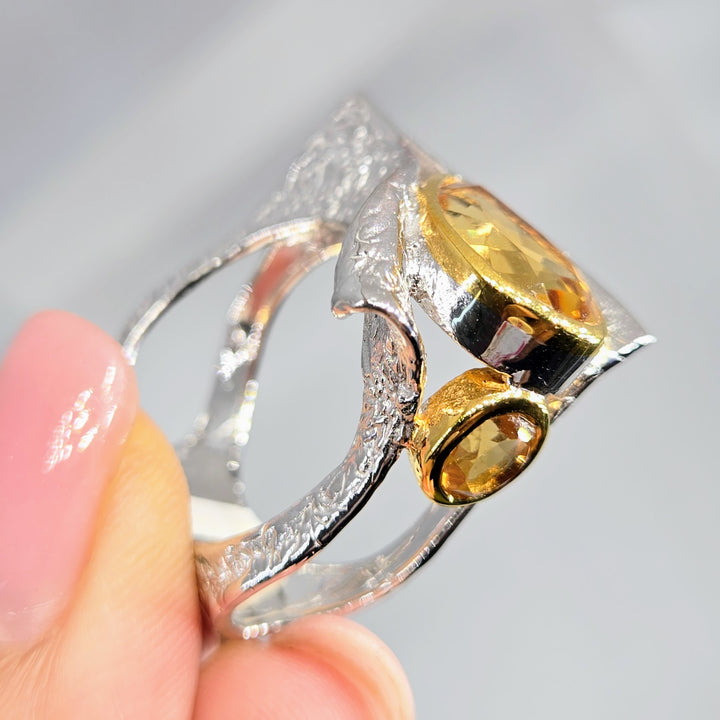 "Hot Honey in an El Camino!" Sz 9 Ring - Citrine, Anti-tarnish Sterling, 18k Accents