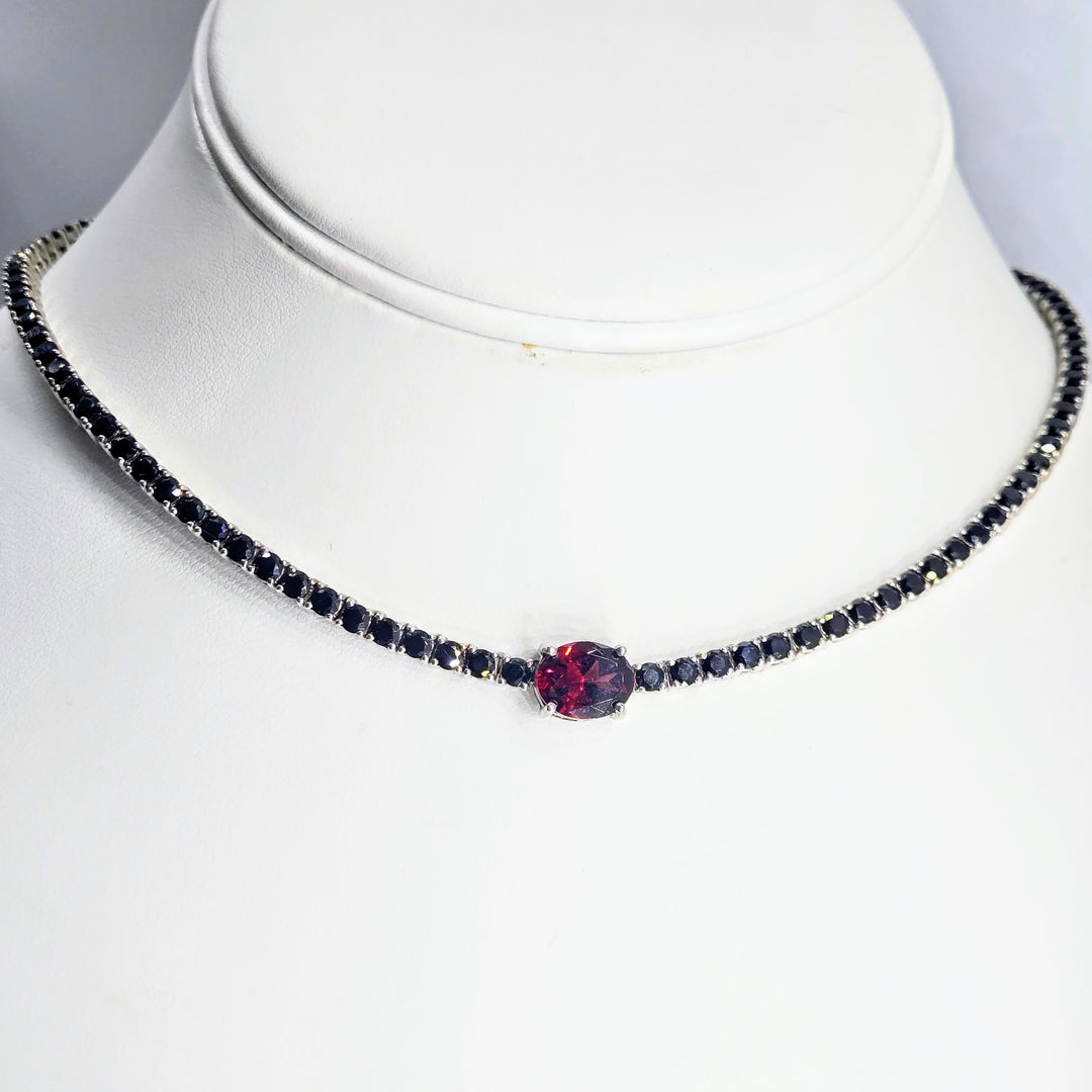 "Equire" Adjustable-length Tennis Necklace - Black Spinel, Garnet. Anti-tarnish Sterling