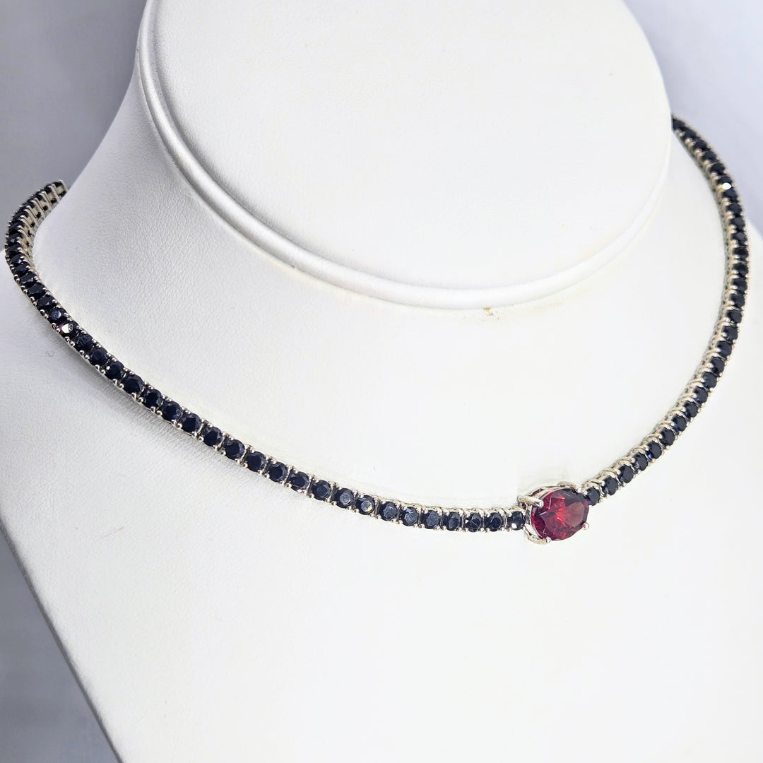 "Equire" Adjustable-length Tennis Necklace - Black Spinel, Garnet. Anti-tarnish Sterling