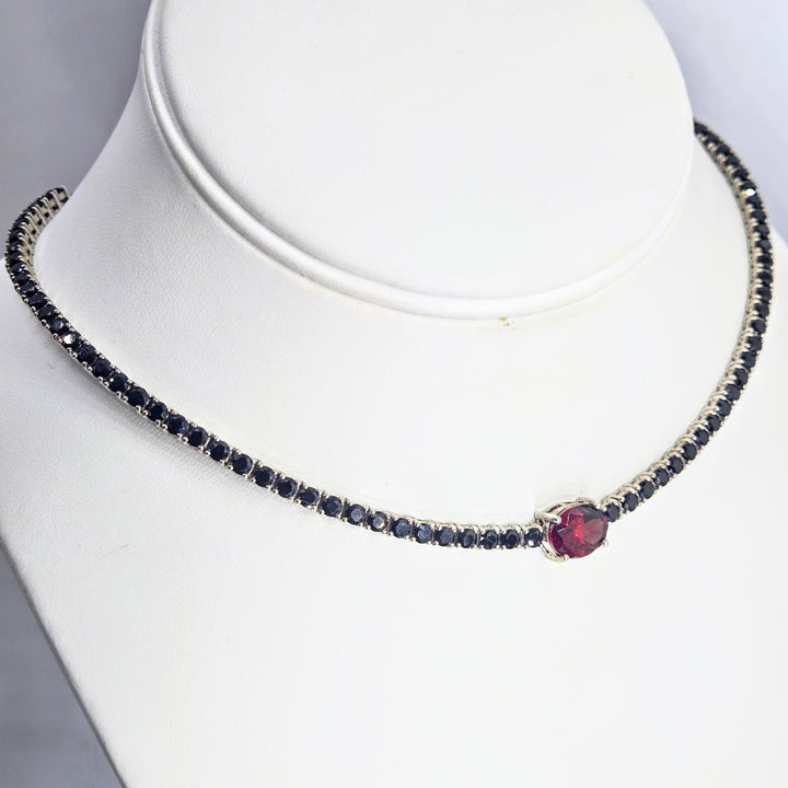 "Equire" Adjustable-length Tennis Necklace - Black Spinel, Garnet. Anti-tarnish Sterling