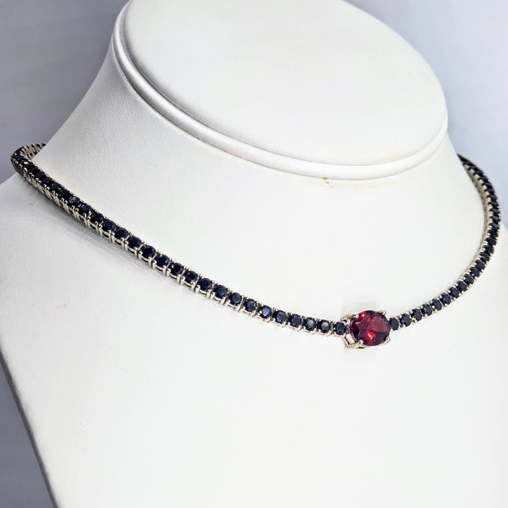 "Equire" Adjustable-length Tennis Necklace - Black Spinel, Garnet. Anti-tarnish Sterling