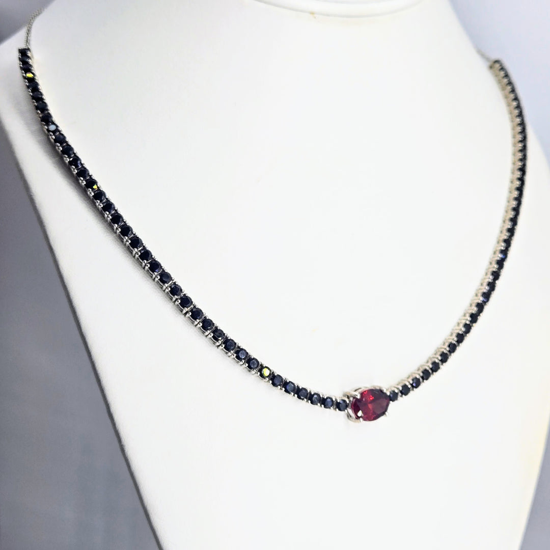 "Equire" Adjustable-length Tennis Necklace - Black Spinel, Garnet. Anti-tarnish Sterling