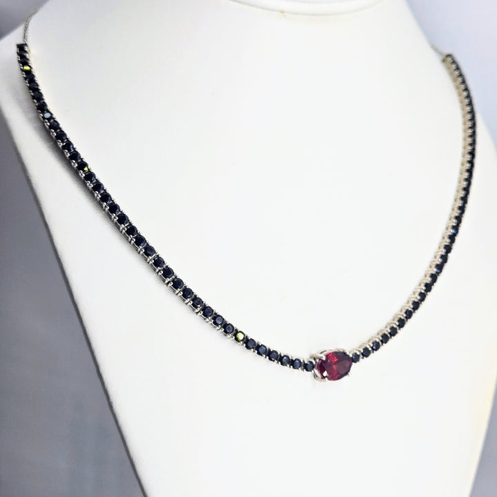 "Equire" Adjustable-length Tennis Necklace - Black Spinel, Garnet. Anti-tarnish Sterling