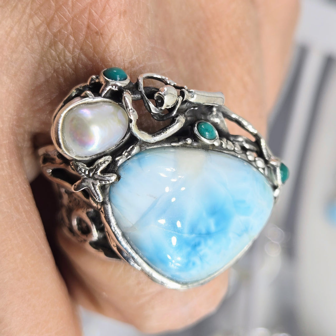 "Pearl Diver" Sz 8 Ring - Larimar, Turquoise, Pearl, Sterling