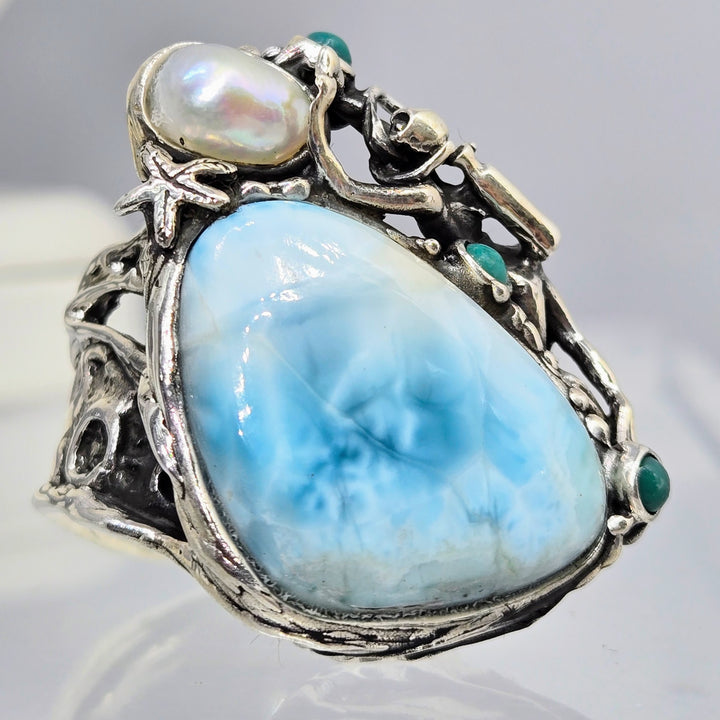 "Pearl Diver" Sz 8 Ring - Larimar, Turquoise, Pearl, Sterling