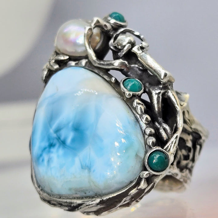 "Pearl Diver" Sz 8 Ring - Larimar, Turquoise, Pearl, Sterling