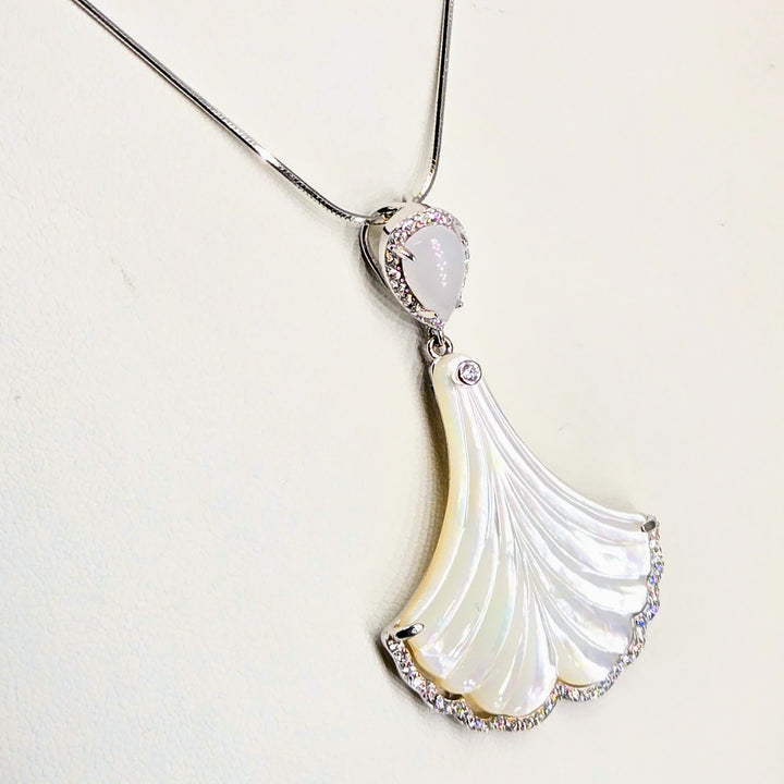 "Ms. Fandango" 1.75" Pendant Necklace - Mother-of-Pearl, Zircon, Moonstone, Anti-tarnish Sterling