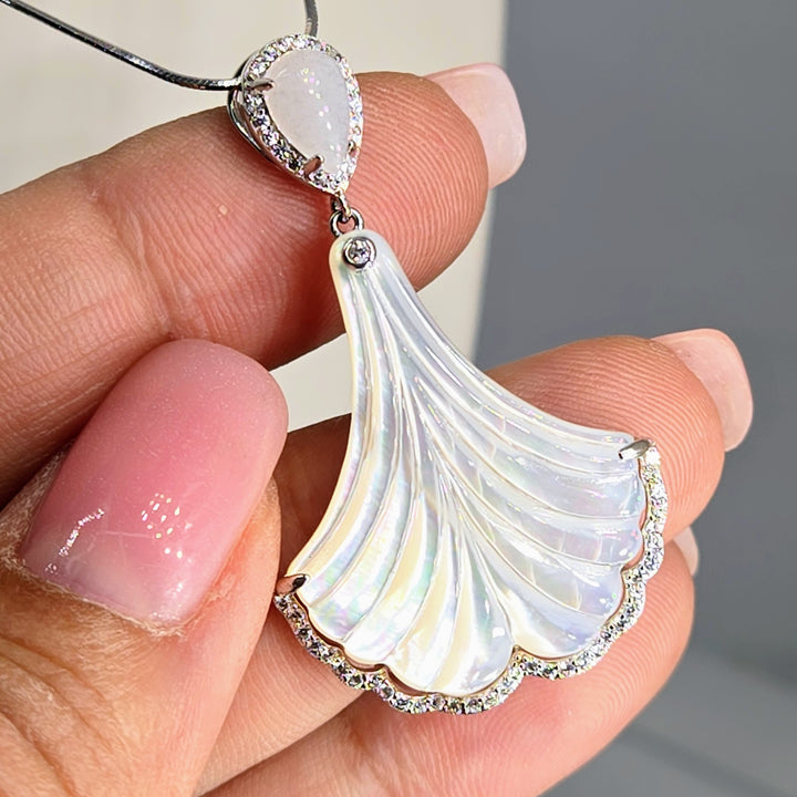 "Ms. Fandango" 1.75" Pendant Necklace - Mother-of-Pearl, Zircon, Moonstone, Anti-tarnish Sterling