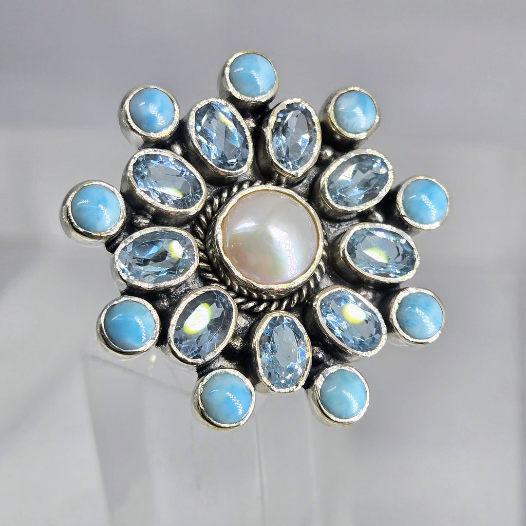 "Sea Spray" Adj Sz Ring - Larimar, Topaz, Pearl, Sterling