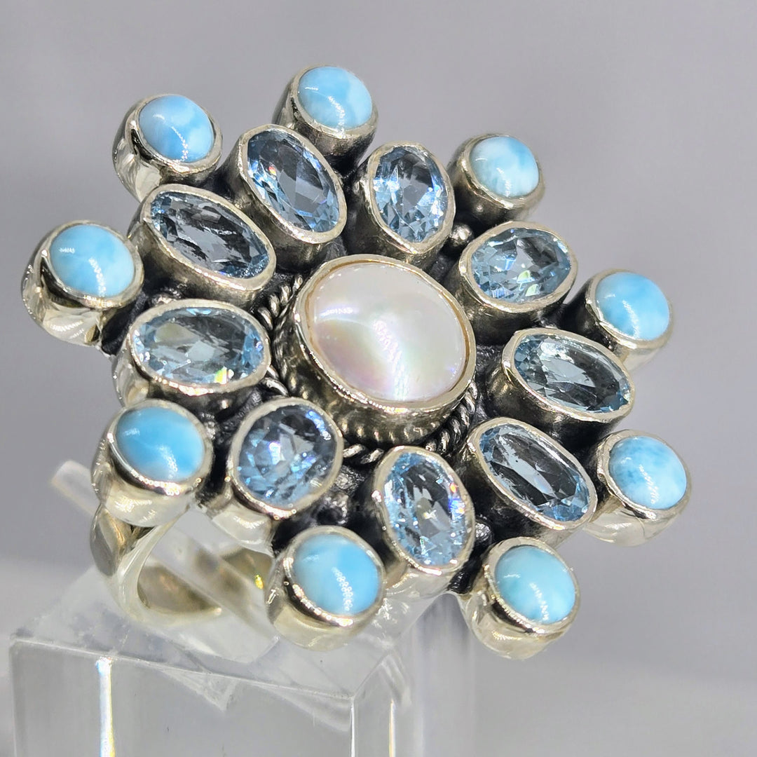 "Sea Spray" Adj Sz Ring - Larimar, Topaz, Pearl, Sterling