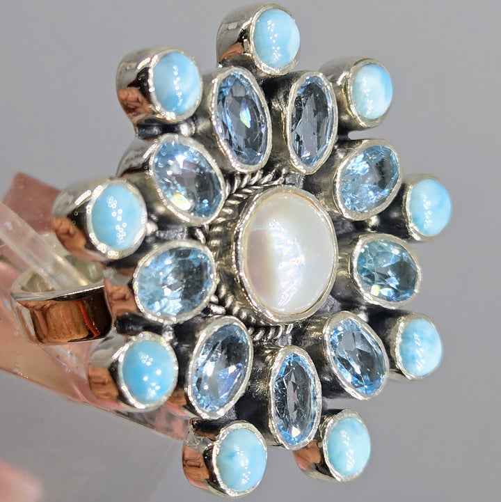 "Sea Spray" Adj Sz Ring - Larimar, Topaz, Pearl, Sterling
