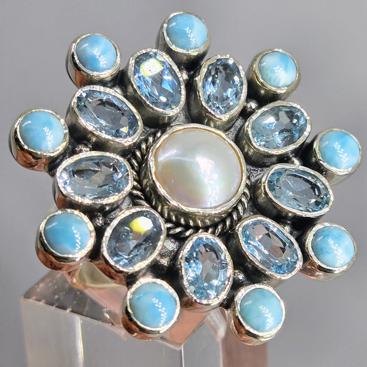 "Sea Spray" Adj Sz Ring - Larimar, Topaz, Pearl, Sterling