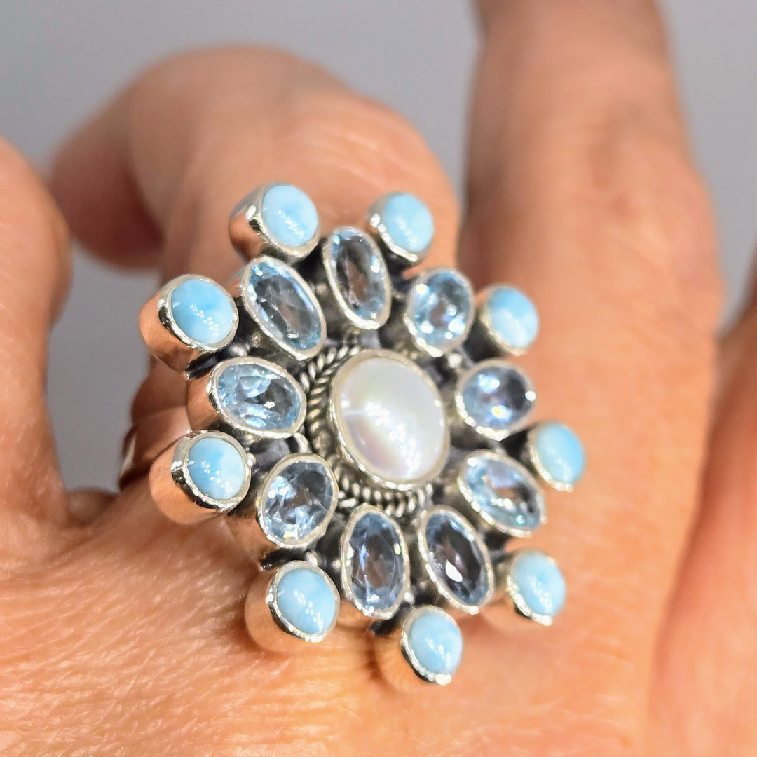 "Sea Spray" Adj Sz Ring - Larimar, Topaz, Pearl, Sterling