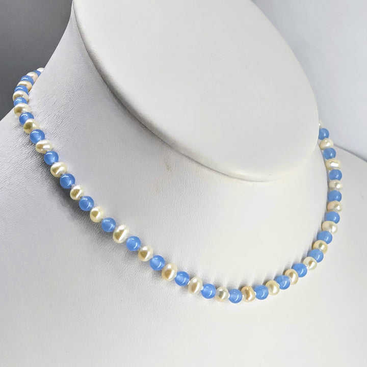"Icey Blues" 15"-17" Necklace - Pearls, Chalcedony, Sterling Findings