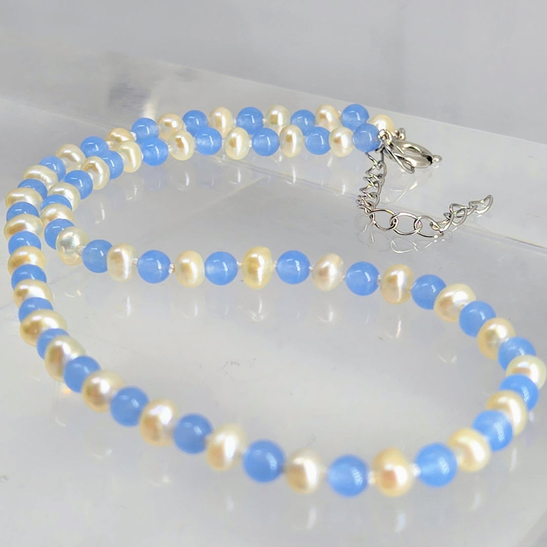 "Icey Blues" 15"-17" Necklace - Pearls, Chalcedony, Sterling Findings