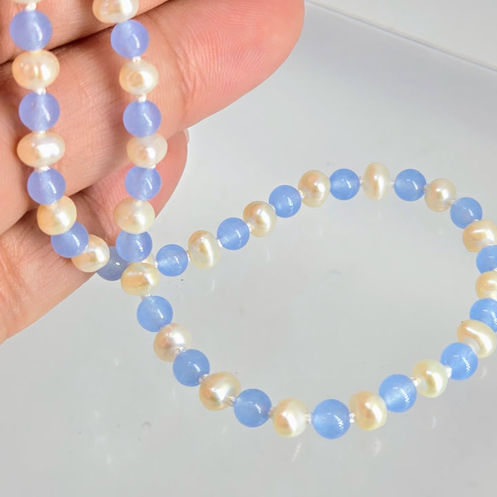 "Icey Blues" 15"-17" Necklace - Pearls, Chalcedony, Sterling Findings