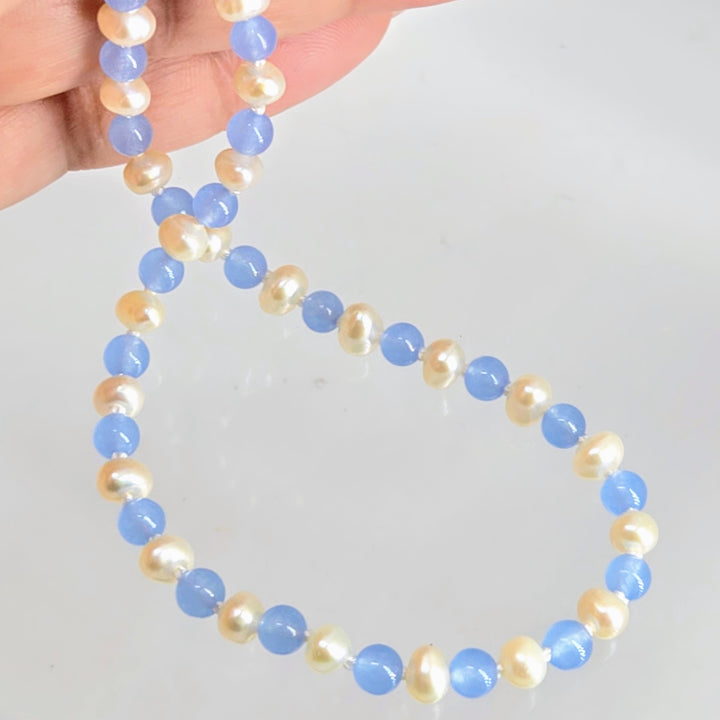 "Icey Blues" 15"-17" Necklace - Pearls, Chalcedony, Sterling Findings