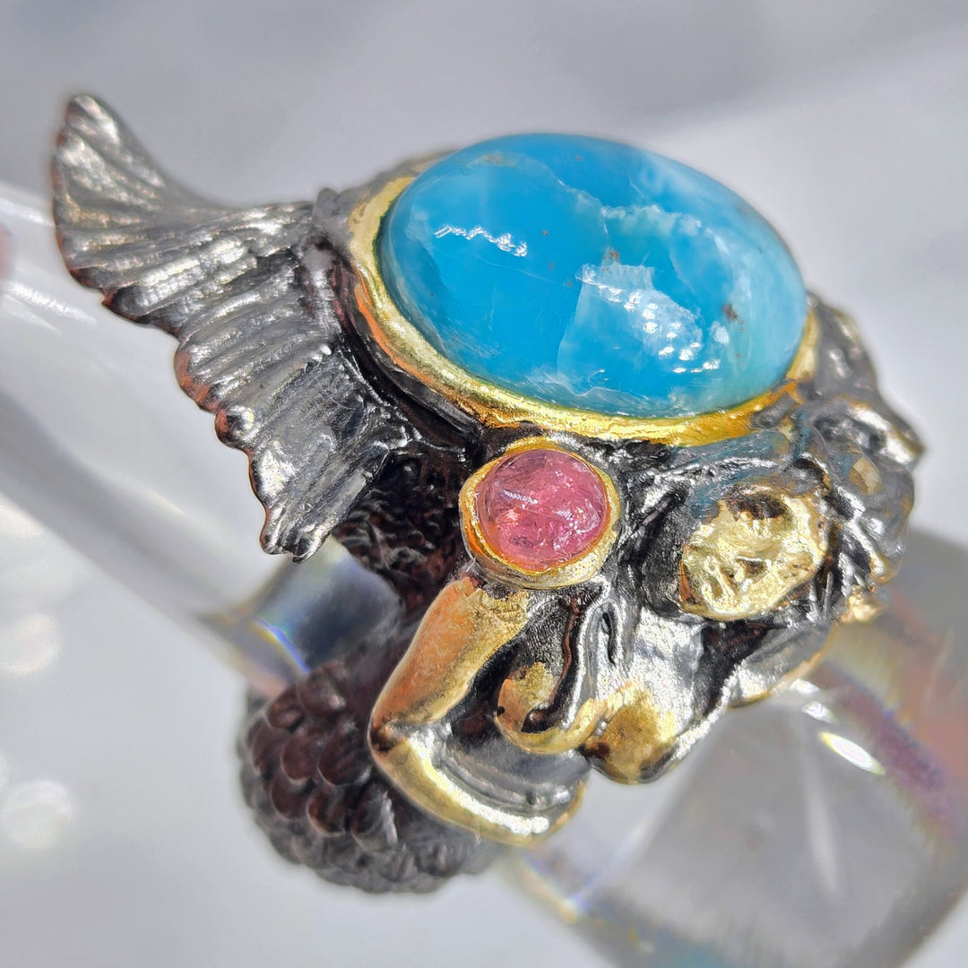 "Splash" Sz 9 Ring - Larimar, Tourmaline, Black Sterling, 18k Gold Accents