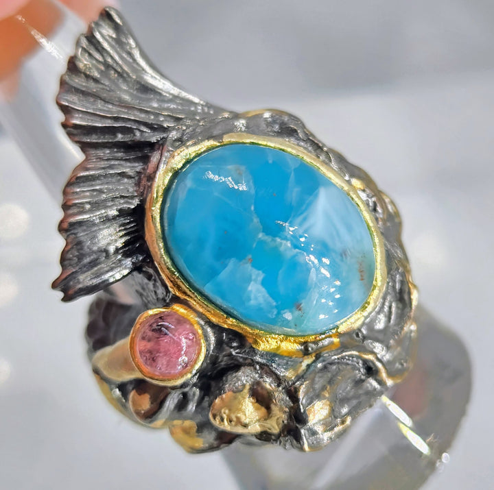 "Splash" Sz 9 Ring - Larimar, Tourmaline, Black Sterling, 18k Gold Accents