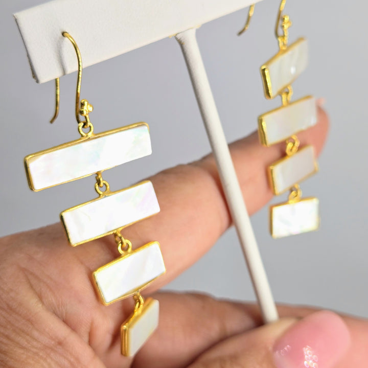 "Ladders of Success"2.5" Earrings - South Sea Mother-Of-Pearl, 18k Gold Sterling