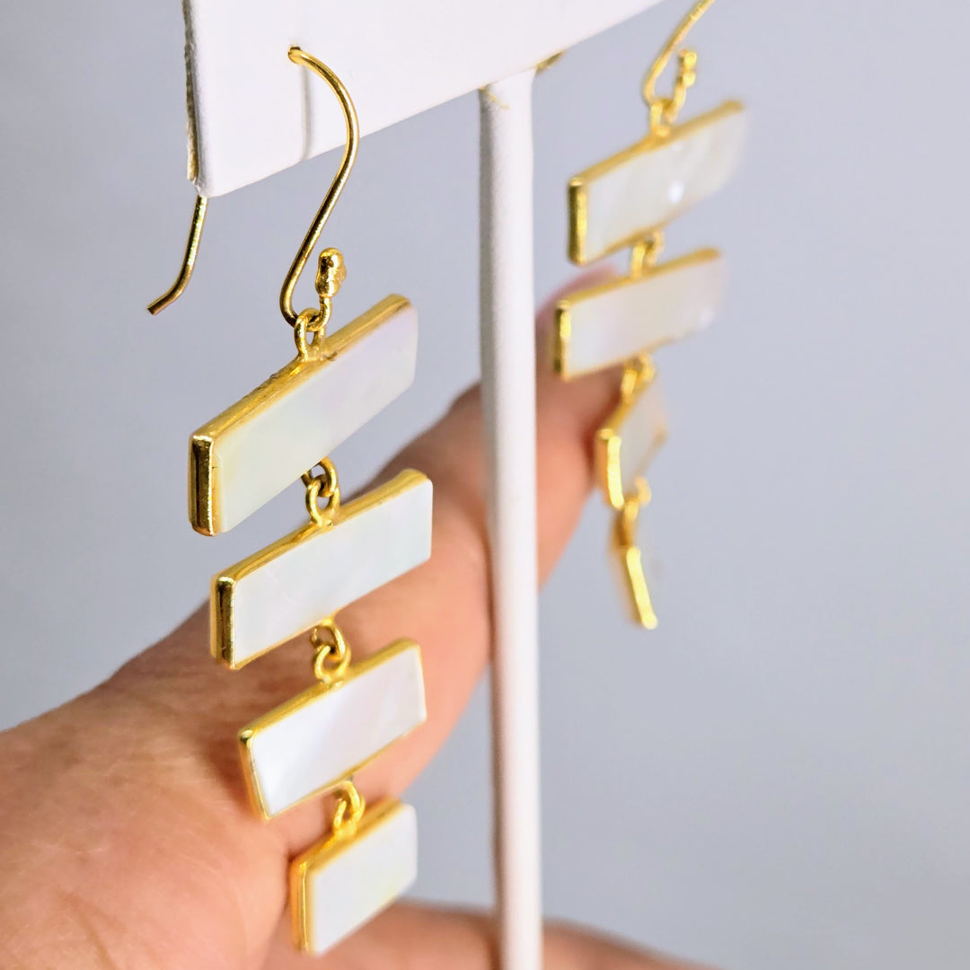 "Ladders of Success"2.5" Earrings - South Sea Mother-Of-Pearl, 18k Gold Sterling