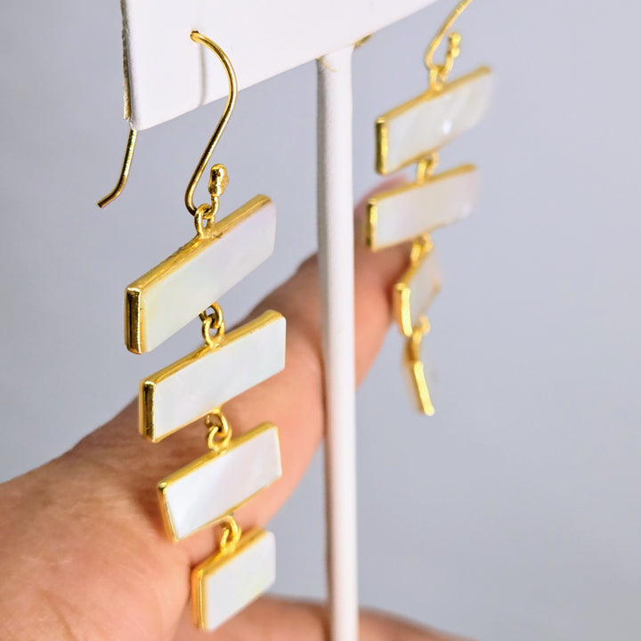 "Ladders of Success"2.5" Earrings - South Sea Mother-Of-Pearl, 18k Gold Sterling