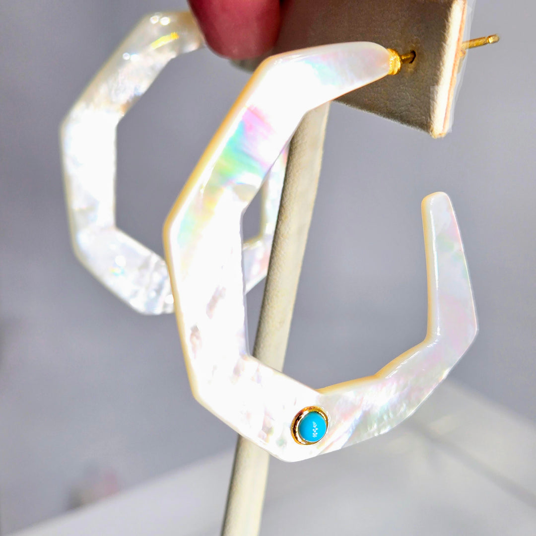 "Geo Hoops" 1.75" Earrings - Tahitian Mother Of Pearl, Turquoise, 18k Gold Sterling