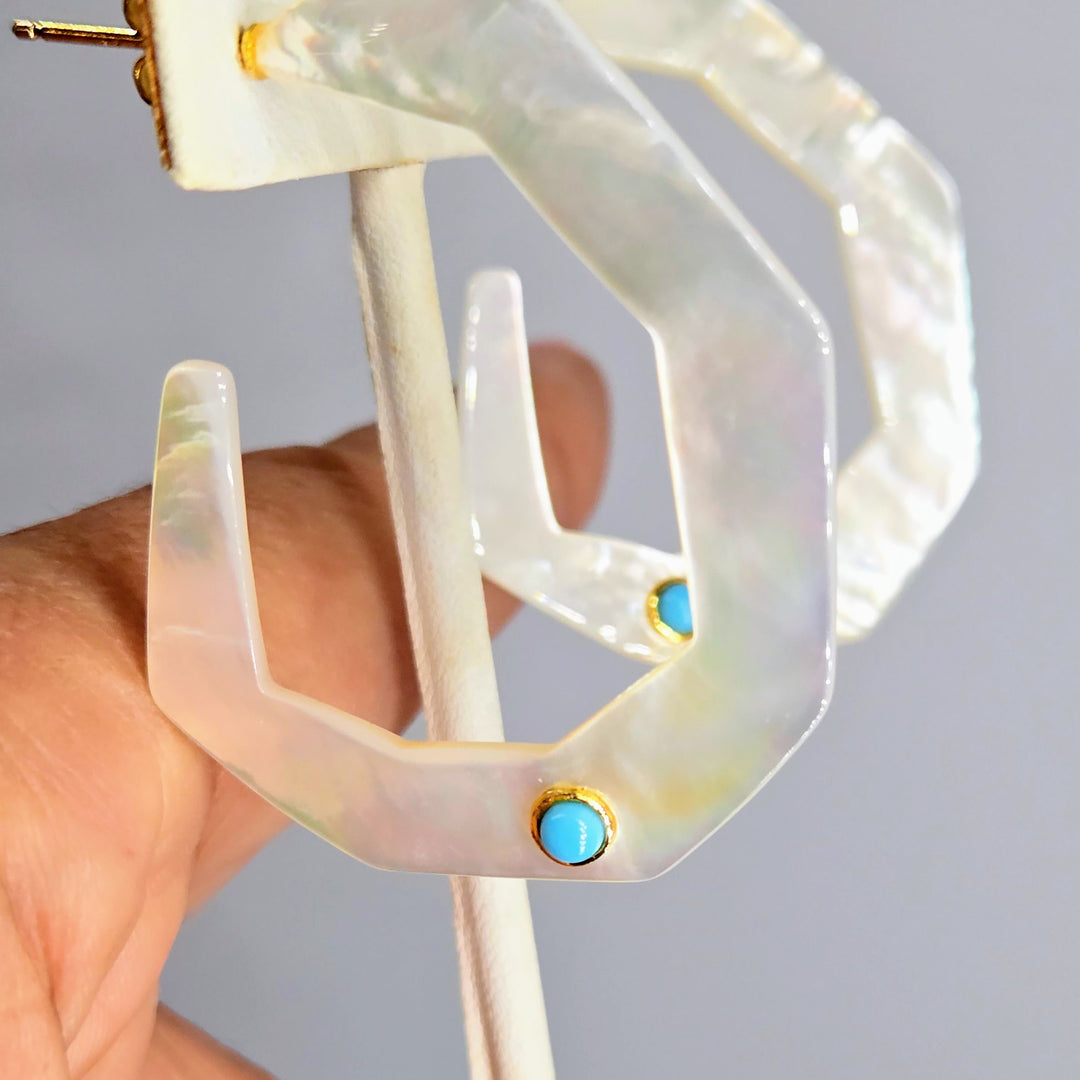 "Geo Hoops" 1.75" Earrings - Tahitian Mother Of Pearl, Turquoise, 18k Gold Sterling
