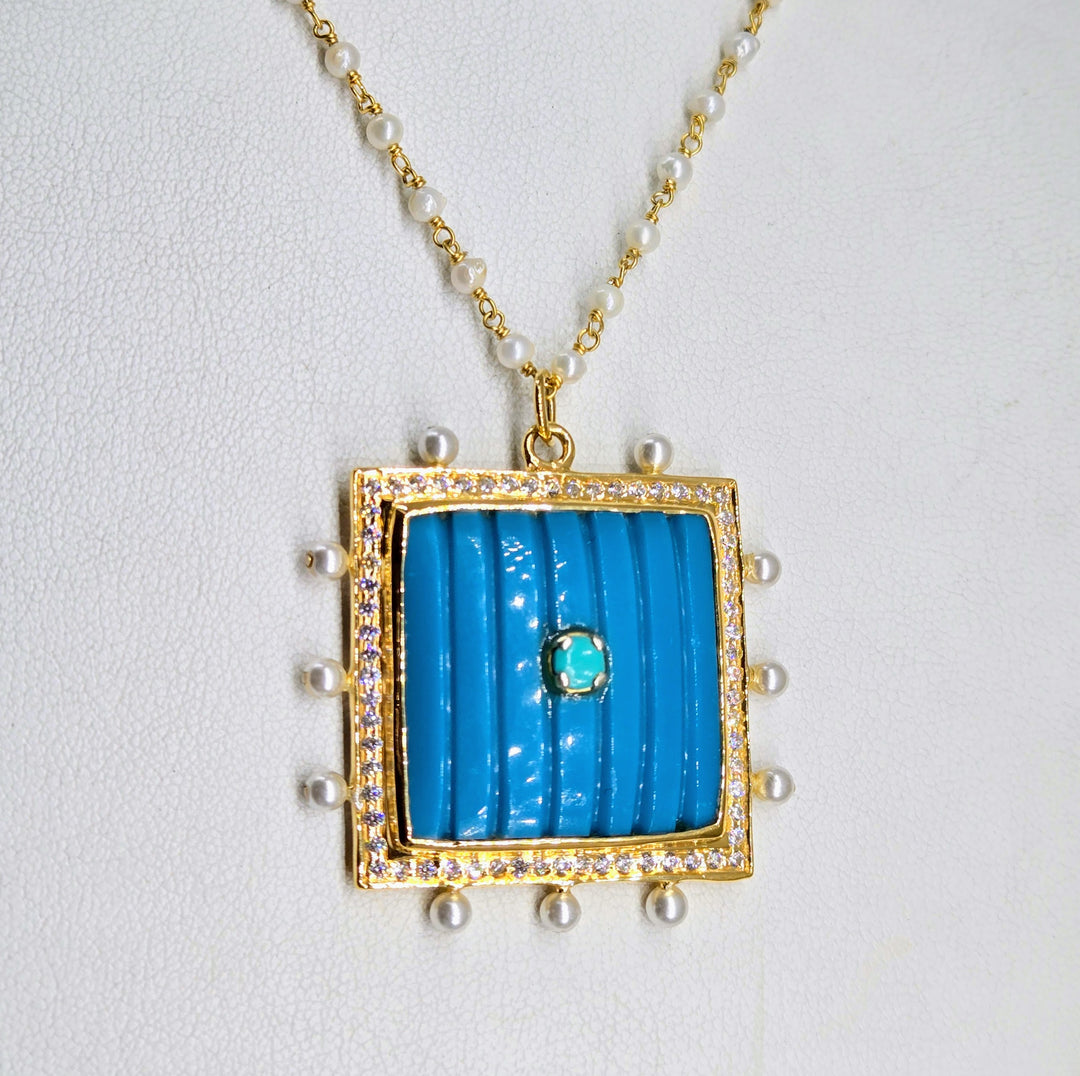 "Cushie-Cushion" 18" - 20" Pendant Necklace - Turquoise, Pearls, Gold Sterling