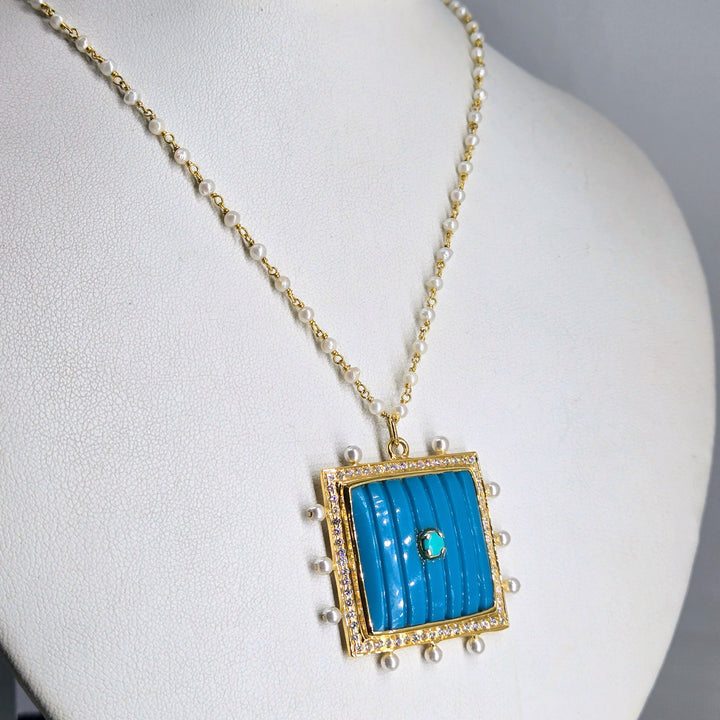 "Cushie-Cushion" 18" - 20" Pendant Necklace - Turquoise, Pearls, Gold Sterling