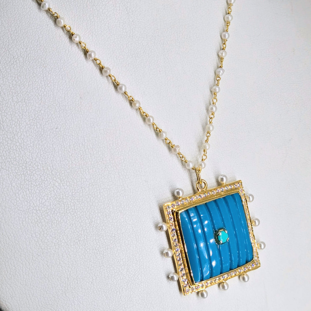 "Cushie-Cushion" 18" - 20" Pendant Necklace - Turquoise, Pearls, Gold Sterling