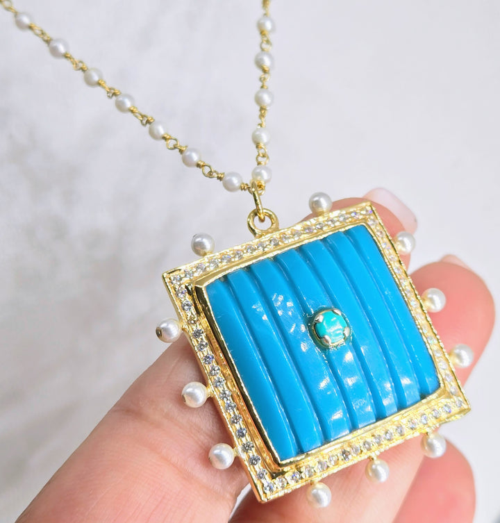 "Cushie-Cushion" 18" - 20" Pendant Necklace - Turquoise, Pearls, Gold Sterling