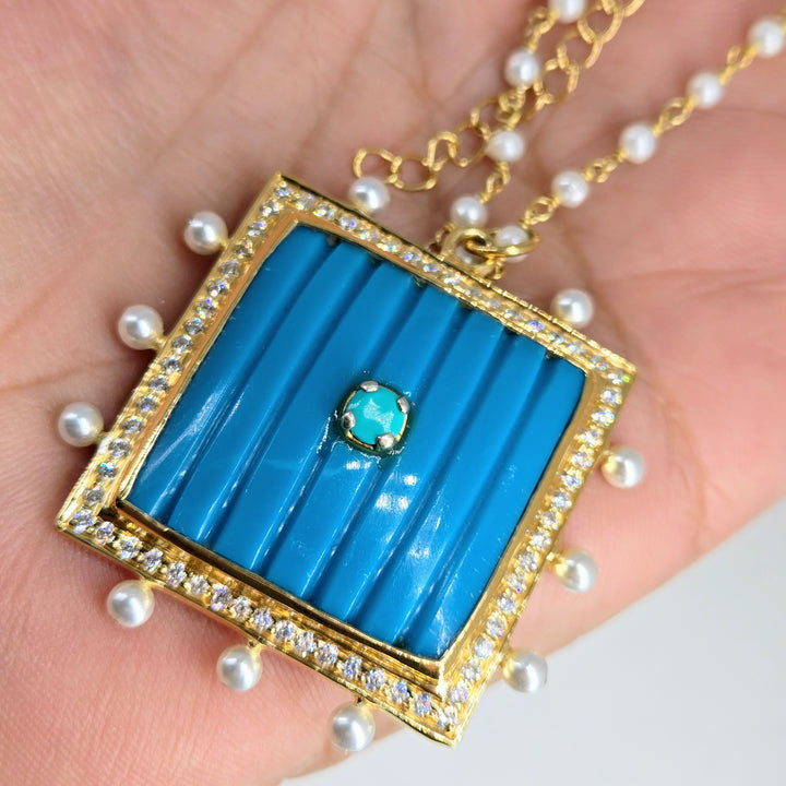 "Cushie-Cushion" 18" - 20" Pendant Necklace - Turquoise, Pearls, Gold Sterling