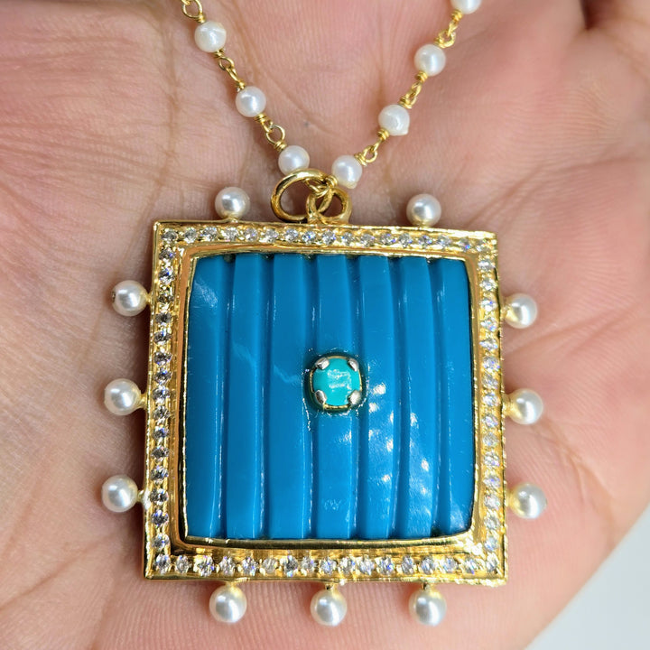 "Cushie-Cushion" 18" - 20" Pendant Necklace - Turquoise, Pearls, Gold Sterling