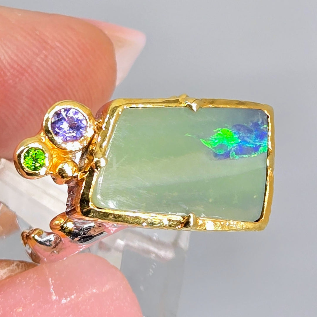 "Green Flash" Sz 6.5 Ring - Opal, Tanzanite, Chrome Diopside, Sterling, 18k Gold Accents