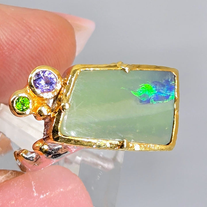 "Green Flash" Sz 6.5 Ring - Opal, Tanzanite, Chrome Diopside, Sterling, 18k Gold Accents