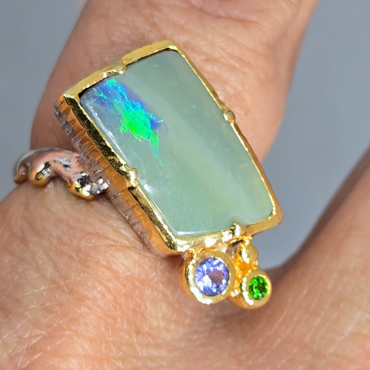 "Green Flash" Sz 6.5 Ring - Opal, Tanzanite, Chrome Diopside, Sterling, 18k Gold Accents