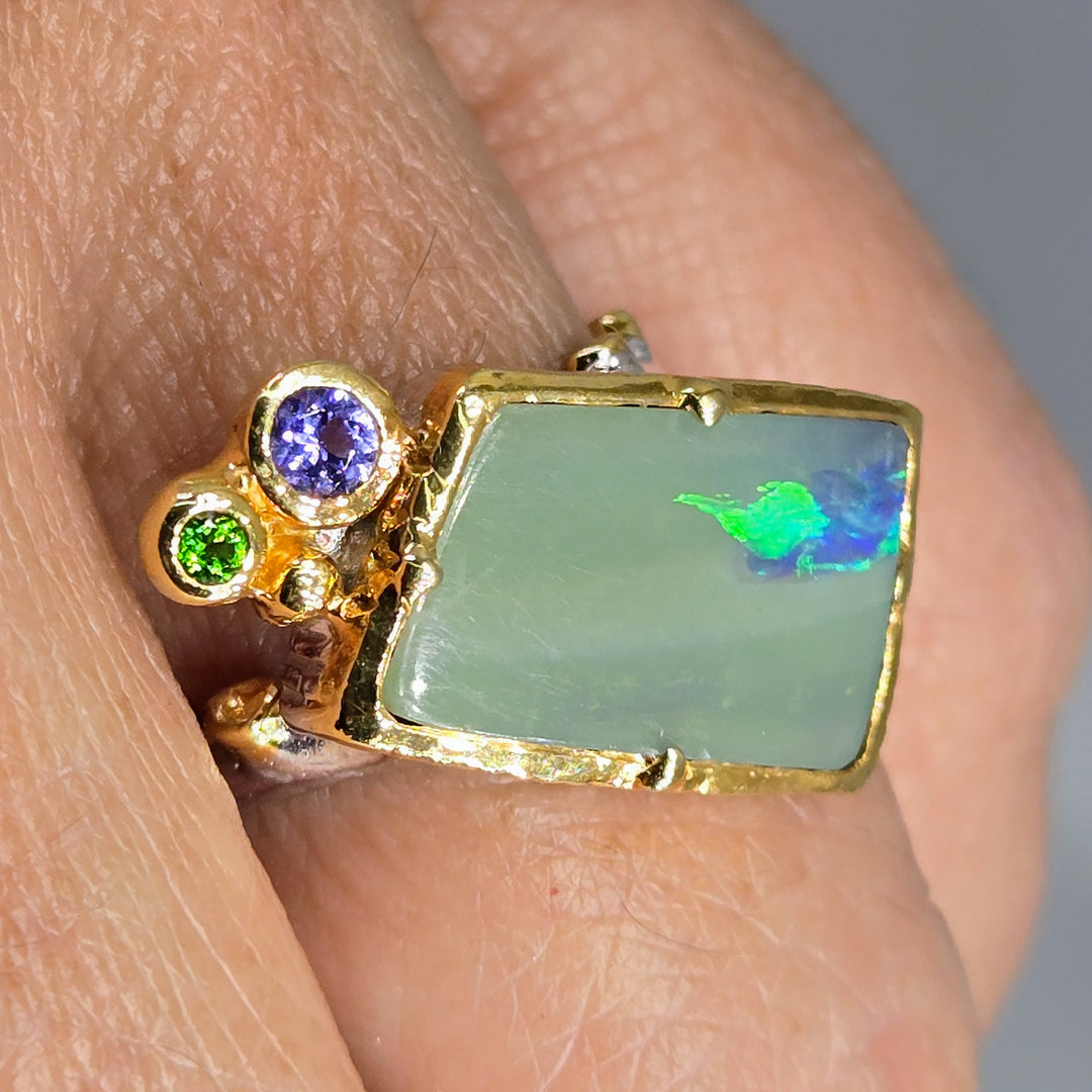 "Green Flash" Sz 6.5 Ring - Opal, Tanzanite, Chrome Diopside, Sterling, 18k Gold Accents
