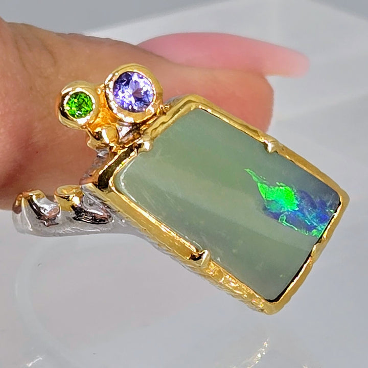 "Green Flash" Sz 6.5 Ring - Opal, Tanzanite, Chrome Diopside, Sterling, 18k Gold Accents